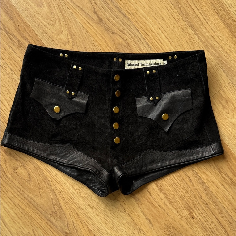 Stoned Immaculate Black Suede & Leather Button Shorts- brand new!!
